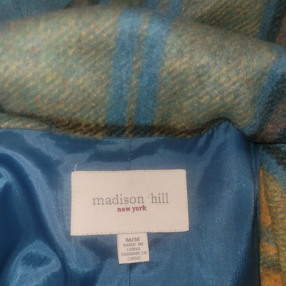 Madison Hill Plaid Blue and Yellow Wide Collar Wool Blend Jacket M - Picture 6 of 6